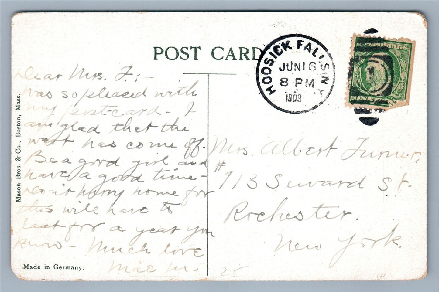 HOOSICK RIVER FALLS NY ANTIQUE POSTCARD w/ CORK CANCEL