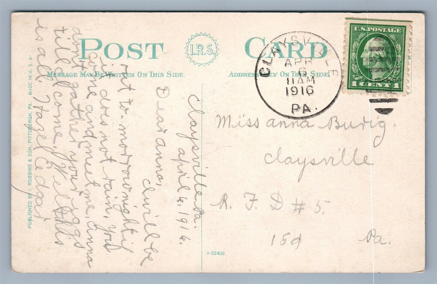 WASHINGTON PA POST OFFICE 1916 ANTIQUE POSTCARD