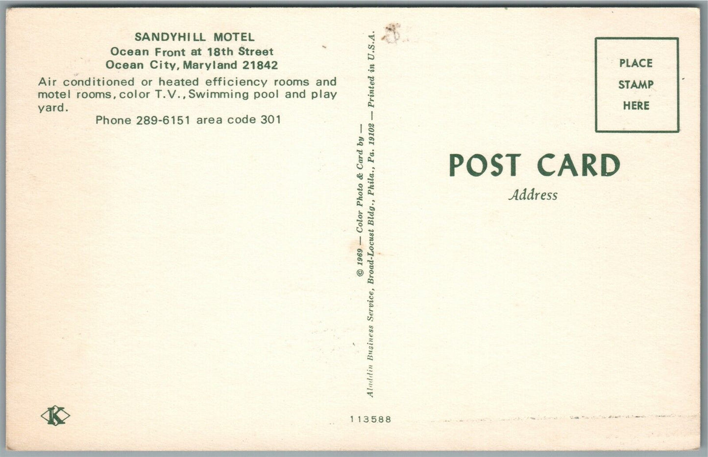 OCEAN CITY MD SANDYHILL MOTEL VINTAGE POSTCARD