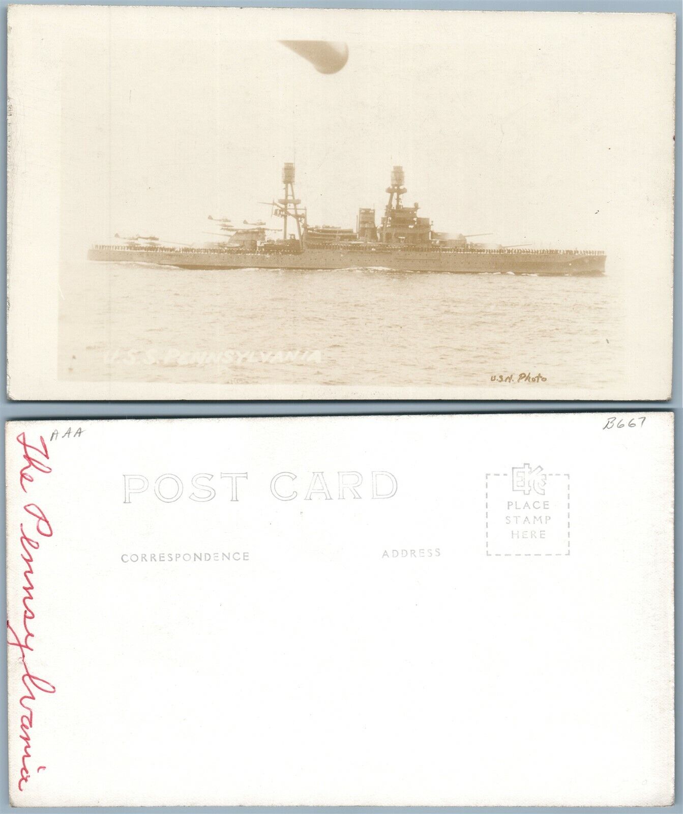 U.S.S. PENNSYLVANIA MILITARY SHIP ANTIQUE REAL PHOTO POSTCARD RPPC