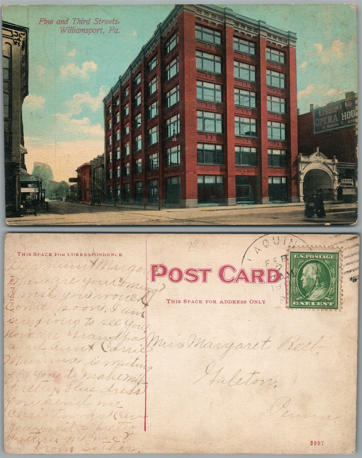WILLIAMSPORT PA PINE & THIRD STREET ANTIQUE POSTCARD