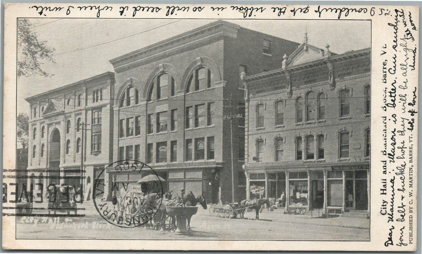 BARRE VT CITY HALL 1908 ANTIQUE POSTCARD