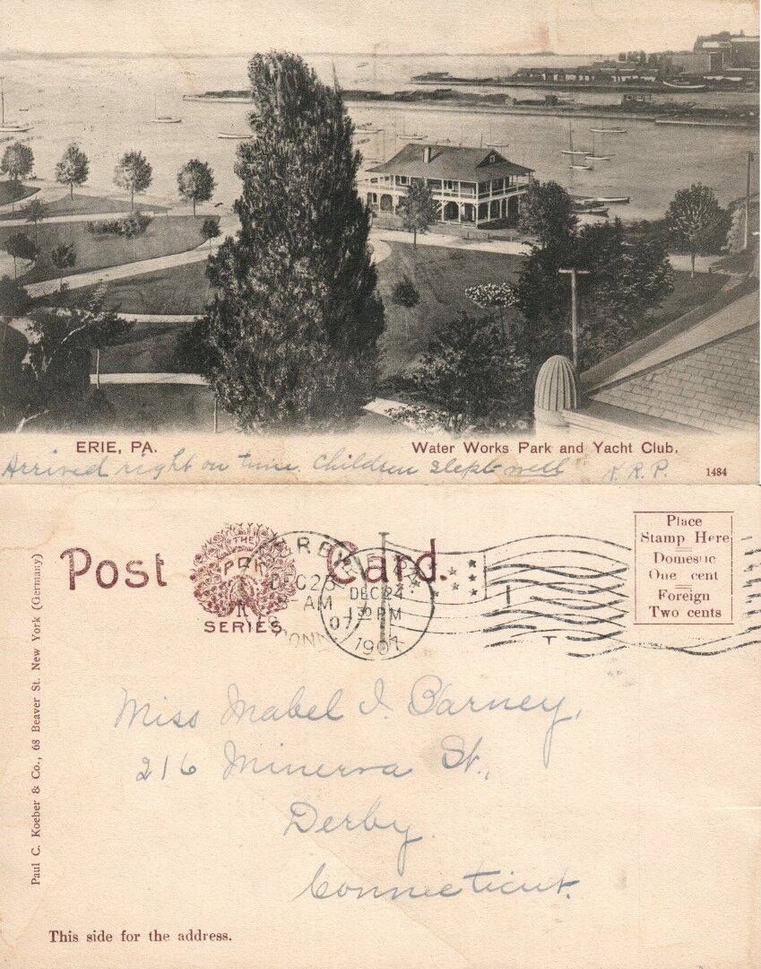 ERIE PA WATER WORKS PARK & YACHT CLUB 1907 UNDIVIDED ANTIQUE POSTCARD