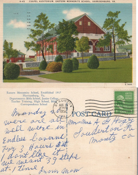 HARRISONBURG VA EASTERN MENNONITE SCHOOL 1951 VINTAGE POSTCARD