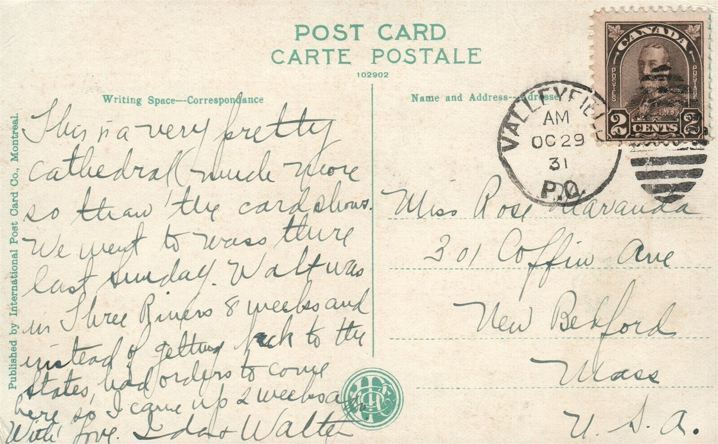 VALLEYFIELD QUE CANADA CATHEDRAL ANTIQUE POSTCARD w/ CORK CANCEL