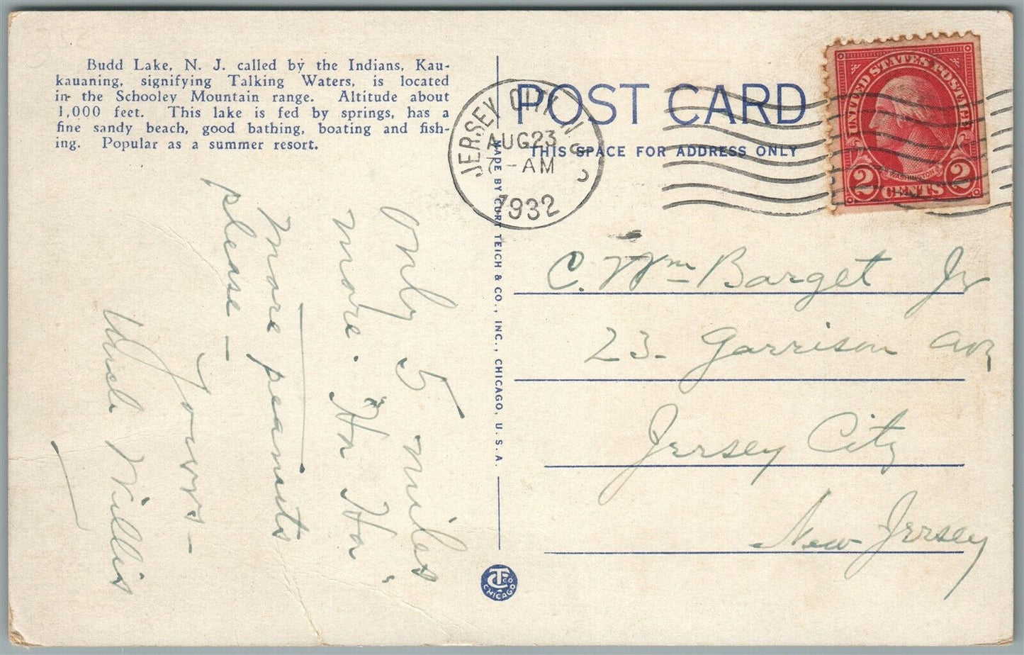 BUDD LAKE NJ WATER TOBOGGAN AT THE OASIS ANTIQUE POSTCARD