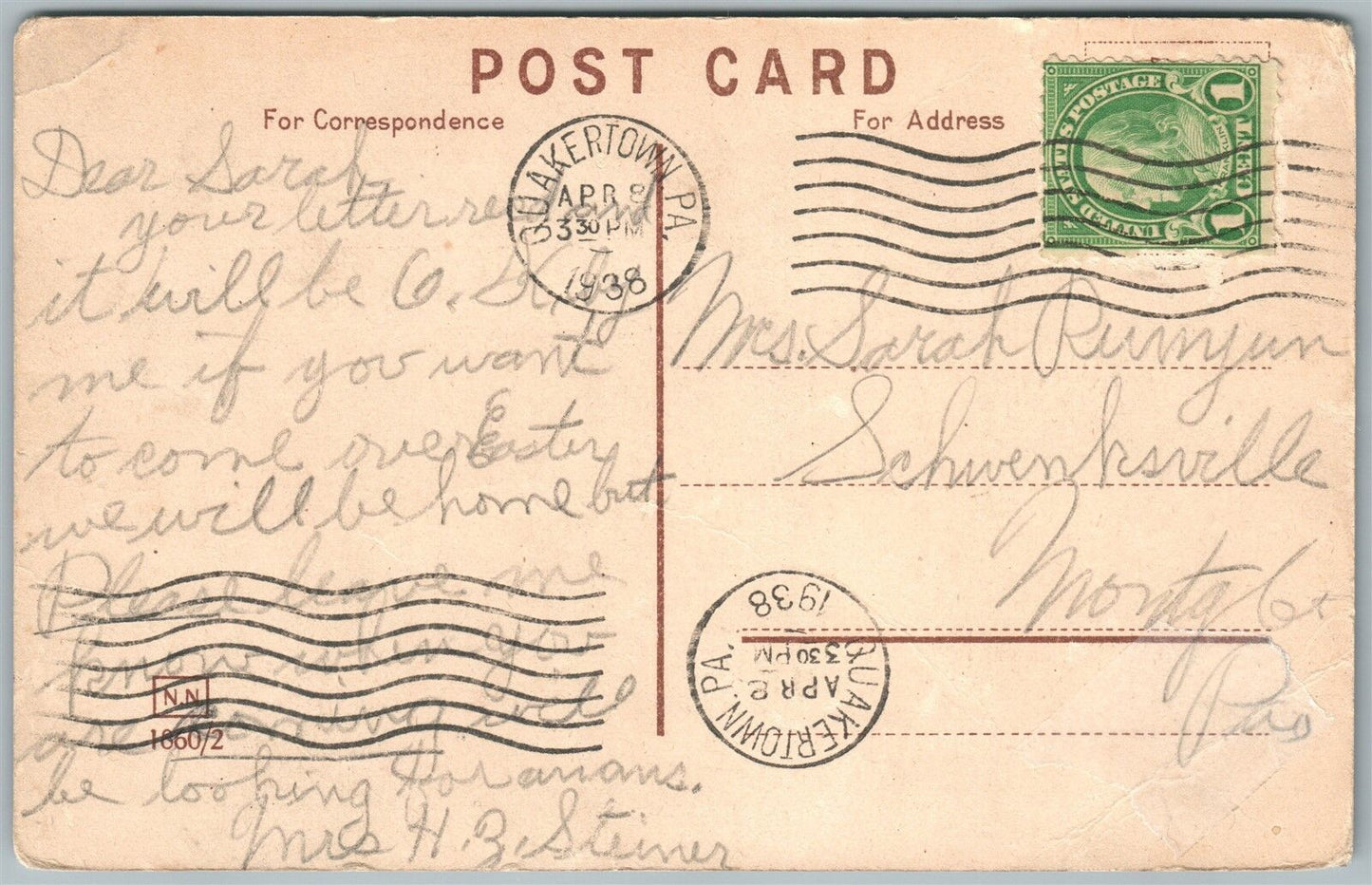 QUAKERTOWN PA BUCKS COUNTY FRONT & WEST BROAD STREETS 1938 VINTAGE POSTCARD