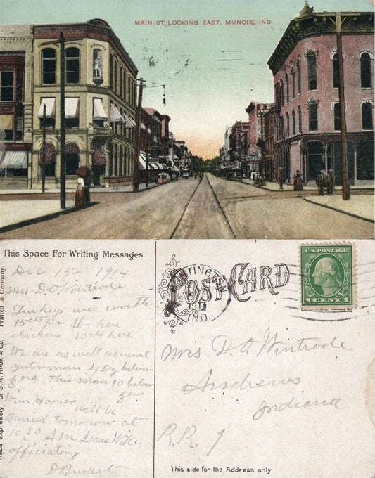 MUNCIE IN MAIN STREET ANTIQUE 1914 POSTCARD
