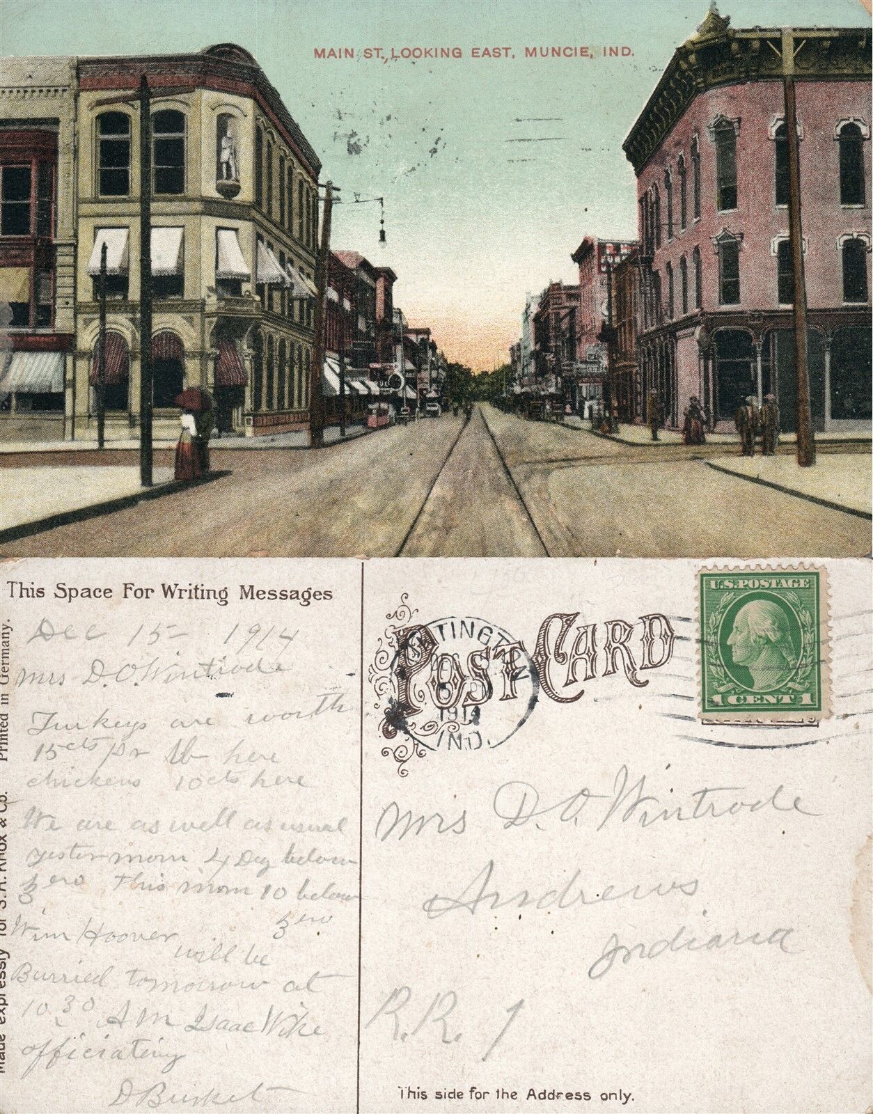 MUNCIE IN MAIN STREET ANTIQUE 1914 POSTCARD