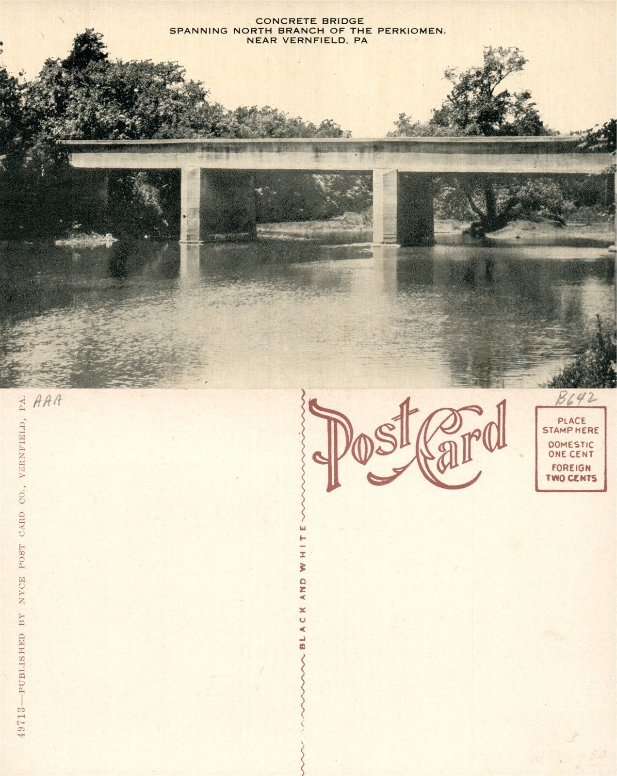 VERNFIELD PA CONCRETE BRIDGE ANTIQUE POSTCARD