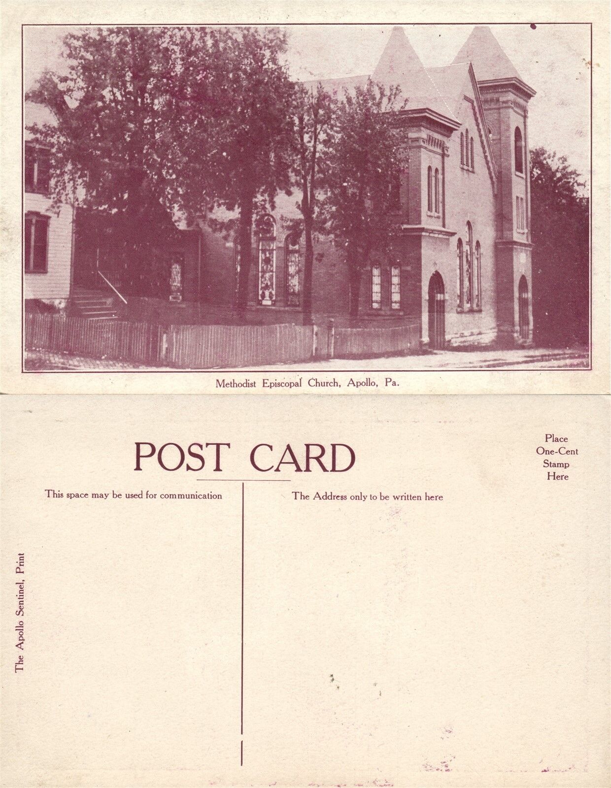 APOLLO PA METHODIST EPISCOPAL CHURCH ANTIQUE POSTCARD
