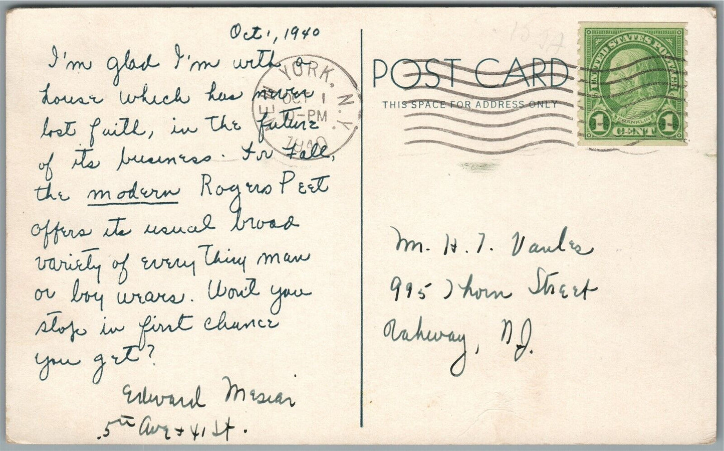 ROGER PEET CLOTHES SCOTCH CHEVIOTS ADVERTISING ANTIQUE POSTCARD