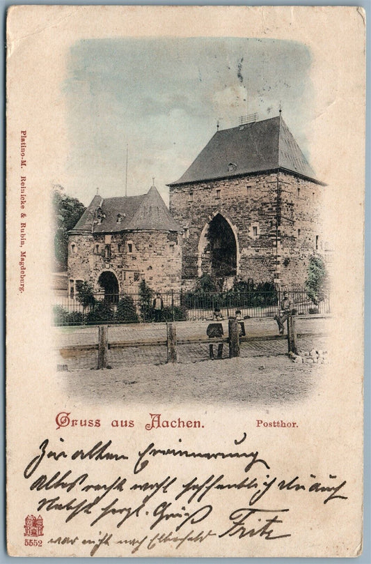 GRUSS AUS AACHEN GERMANY POSTTHOR UNDIVIDED 1899 ANTIQUE POSTCARD