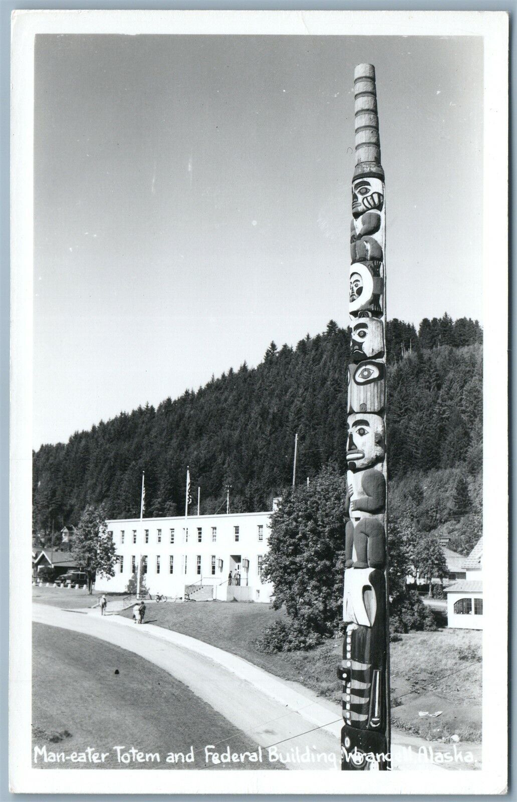INDIAN MAN EATER TOTEM & FEDERAL BLDG WRANGELL ALASKA VINTAGE REAL PHOTO RPPC