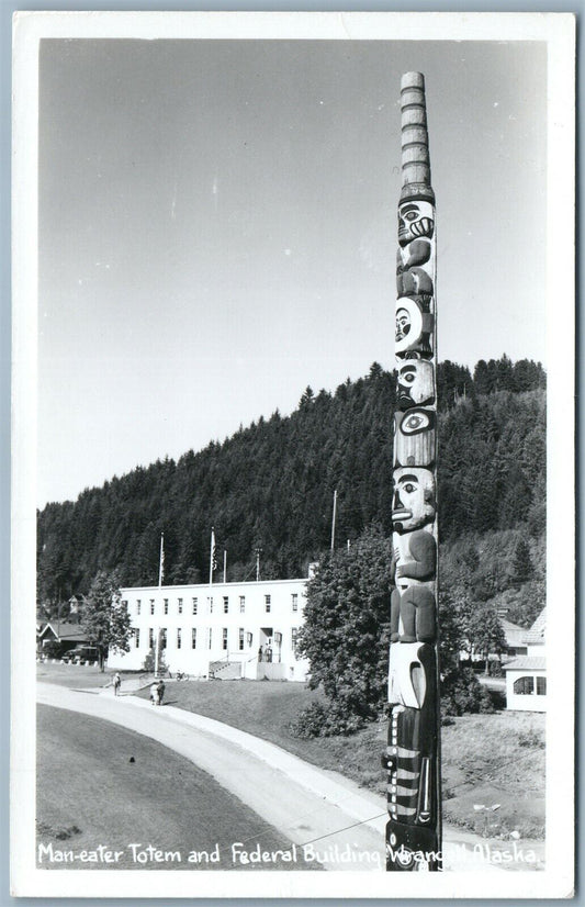 INDIAN MAN EATER TOTEM & FEDERAL BLDG WRANGELL ALASKA VINTAGE REAL PHOTO RPPC