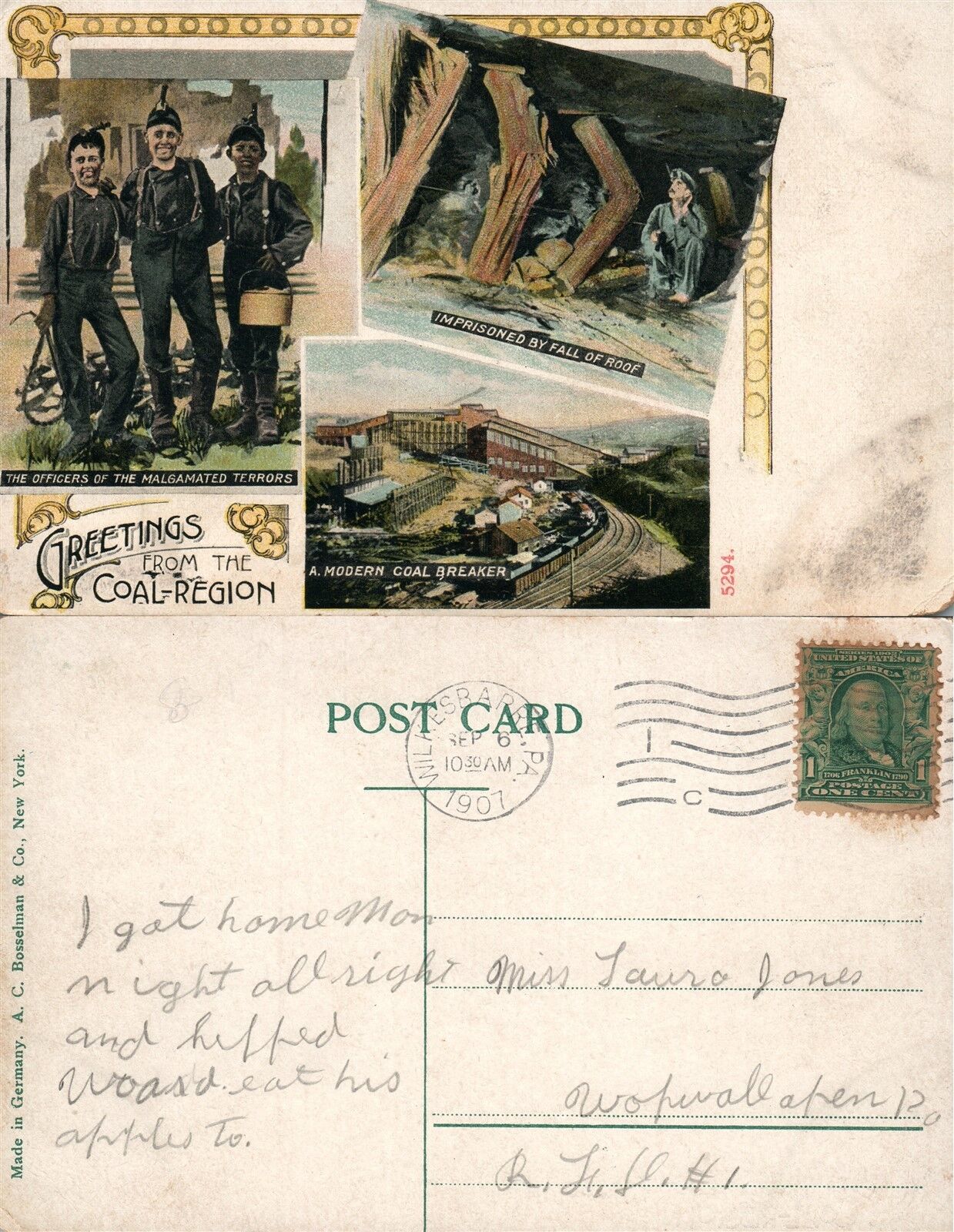 GREETINGS FROM COAL REGION 1907 ANTIQUE POSTCARD