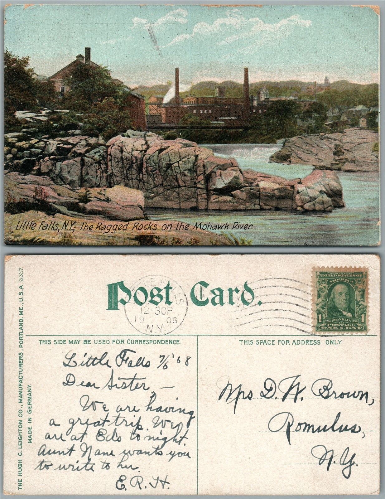 LITTLE FALLS N.Y. RAGGED ROCKS ON MOHAWK RIVER 1908 ANTIQUE POSTCARD