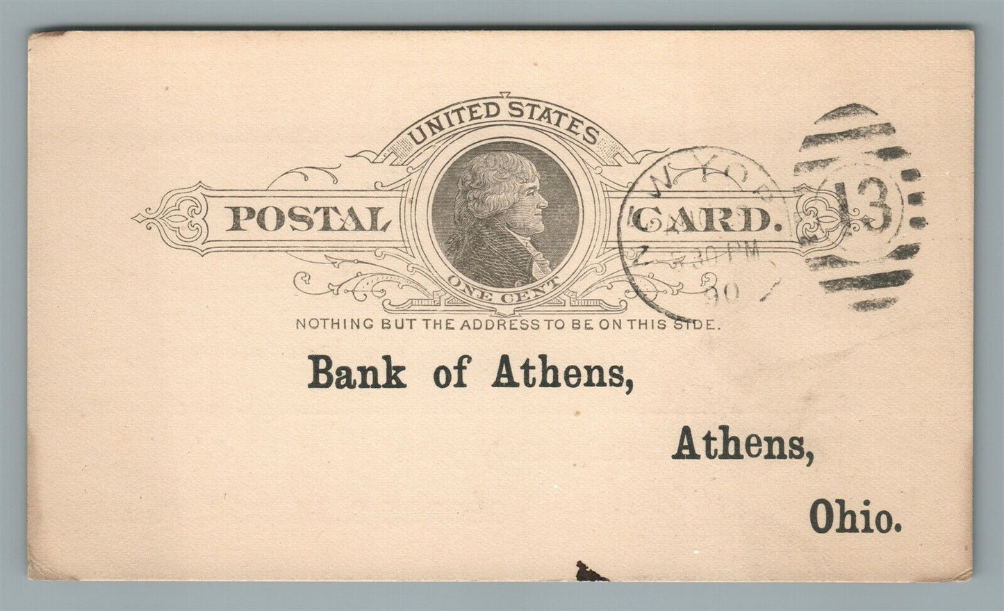 NATIONAL PARK BANK of NEW YORK 1890 ANTIQUE POSTCARD STATEMENT CARD