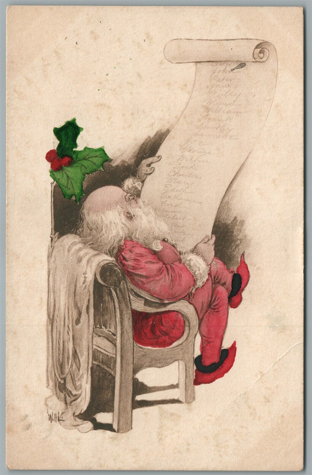 SANTA READING WISH LIST ANTIQUE CHRISTMAS POSTCARD