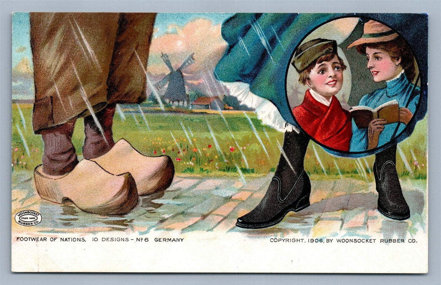 FOOTWEAR OF NATIONS GERMANY WOONSOCKET RI RUBBER CO ADVERTISING ANTIQUE POSTCARD