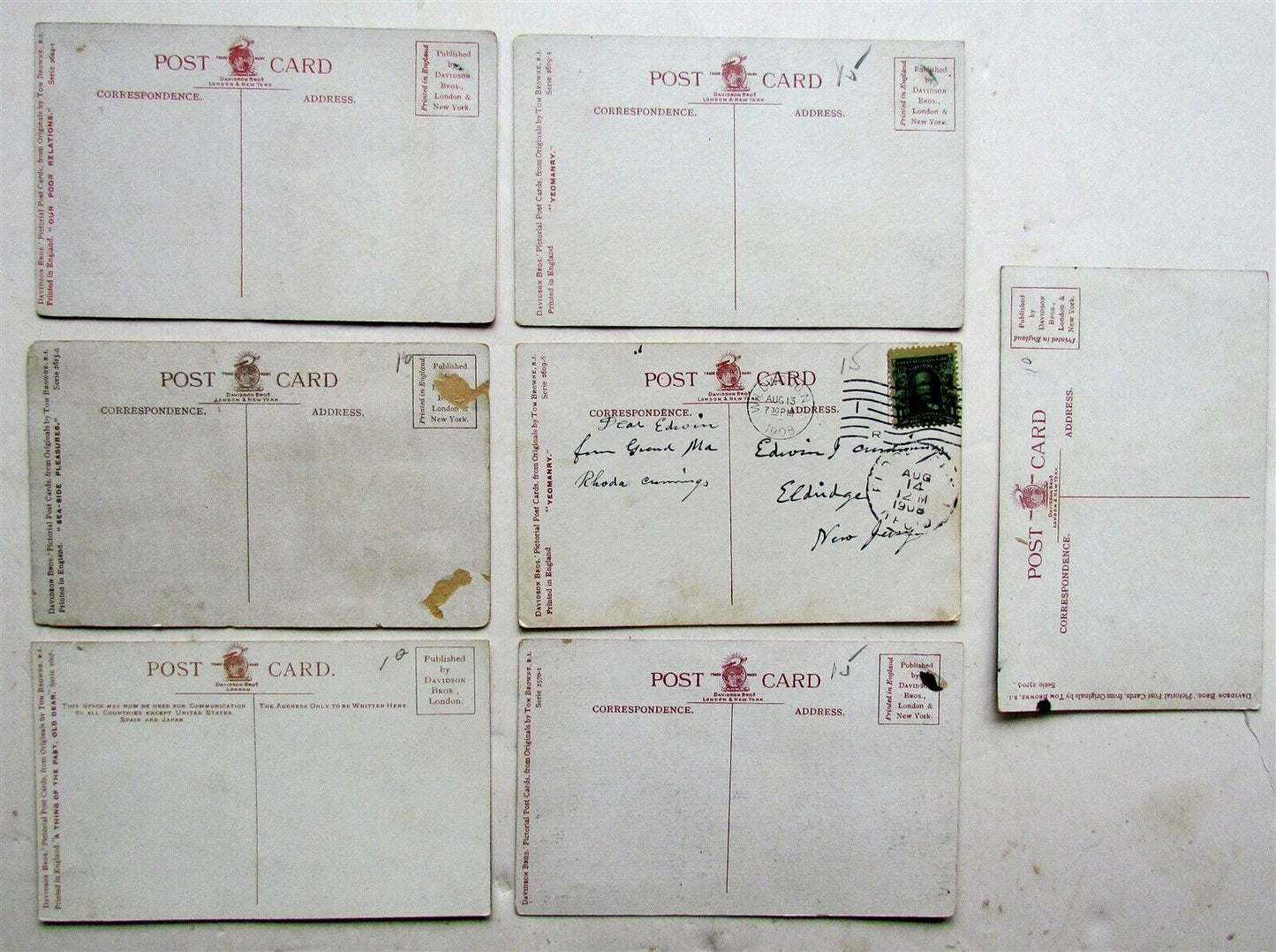 LOT of 7 ARTIST SIGNED by TOM BROWNE ANTIQUE BRITISH PICTORIAL POSTCARDS