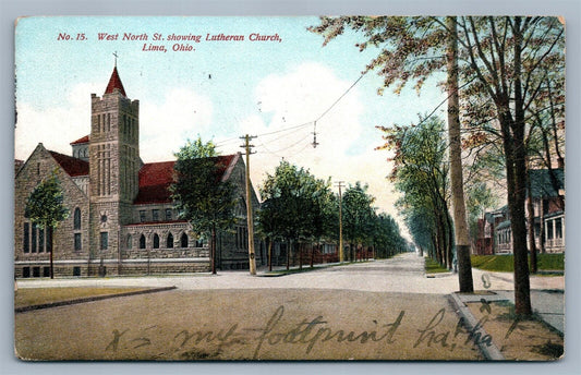 LIMA OH WEST NORTH STREET LUTHERAN CHURCH 1908 ANTIQUE POSTCARD