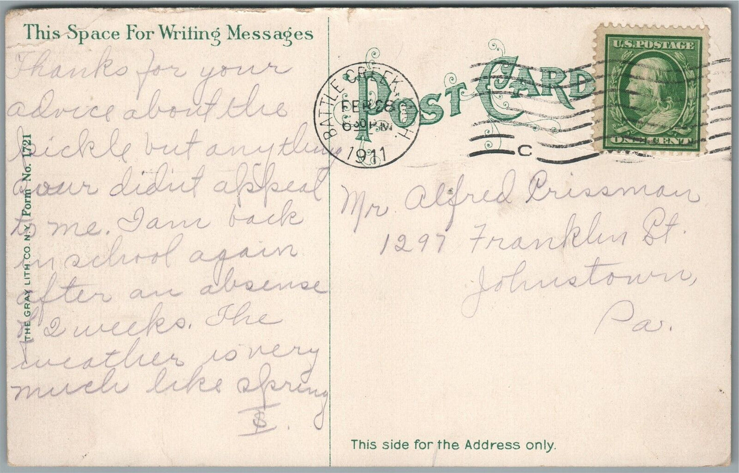 BATTLE CREEK MI PURE FOOD FACTORIES OF POSTUM CEREAL CO. ANTIQUE POSTCARD
