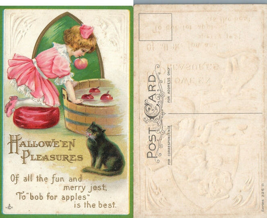 ANTIQUE EMBOSSED HALLOWEEN PLEASURES POSTCARD w/ CAT