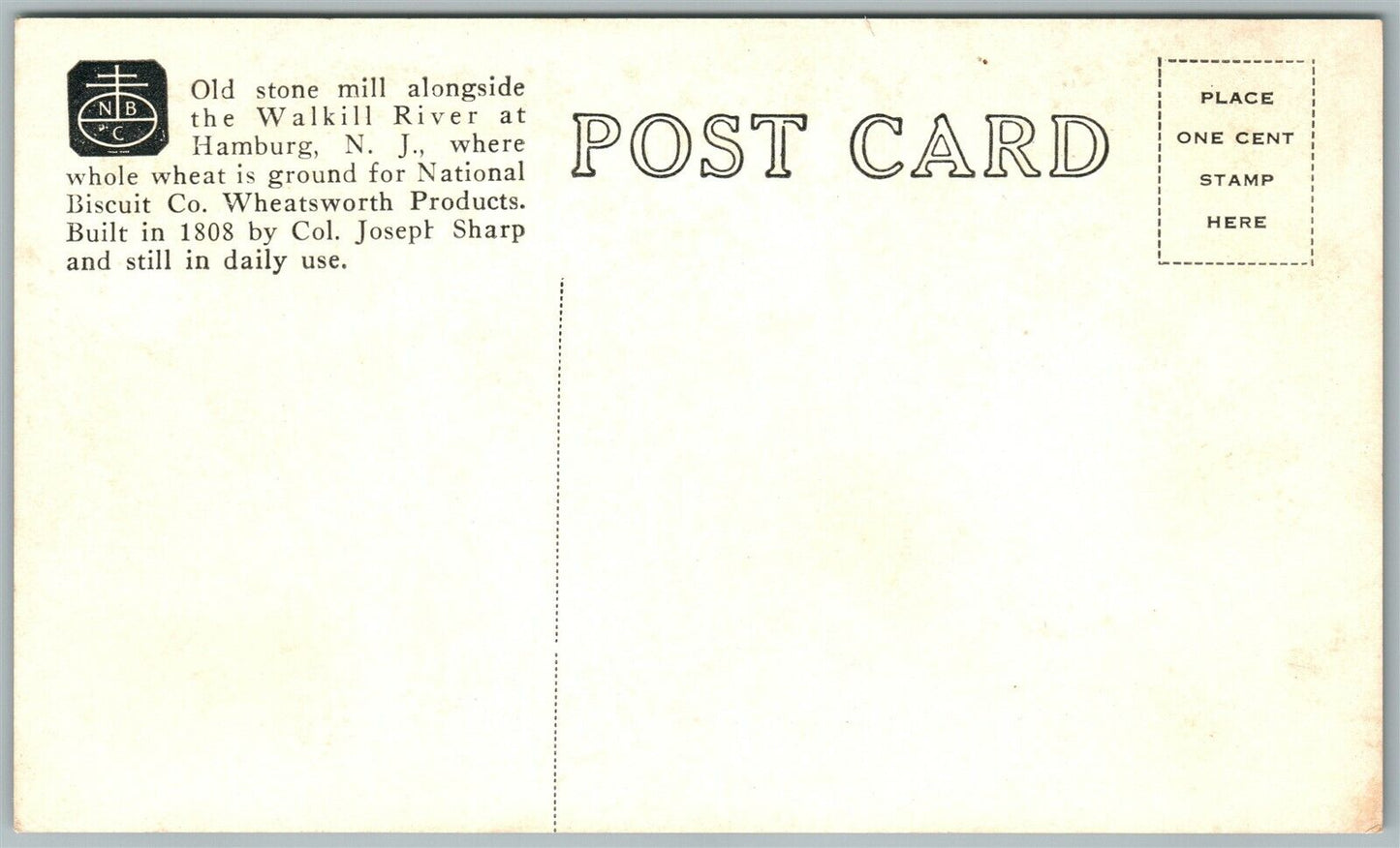 HAMBURG N.J. OLD STONE MILL WALKILL RIVER ANTIQUE POSTCARD NATIONAL BISCUIT CO