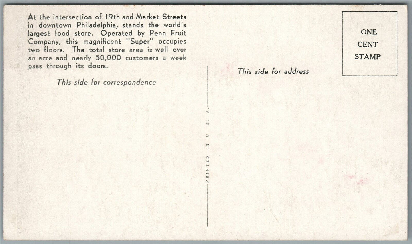 PHILADELPHIA PA WORLD'S LARGEST FOOD STORE PENN FRUIT COMPANY ANTIQUE POSTCARD