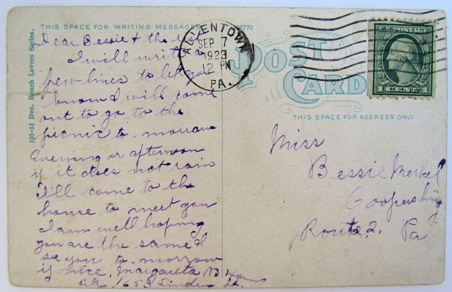 1923 ANTIQUE ROMANTIC POSTCARD - I'AM LOOKING FOR A GOOD COMPANY IN ALLENTOWN PA