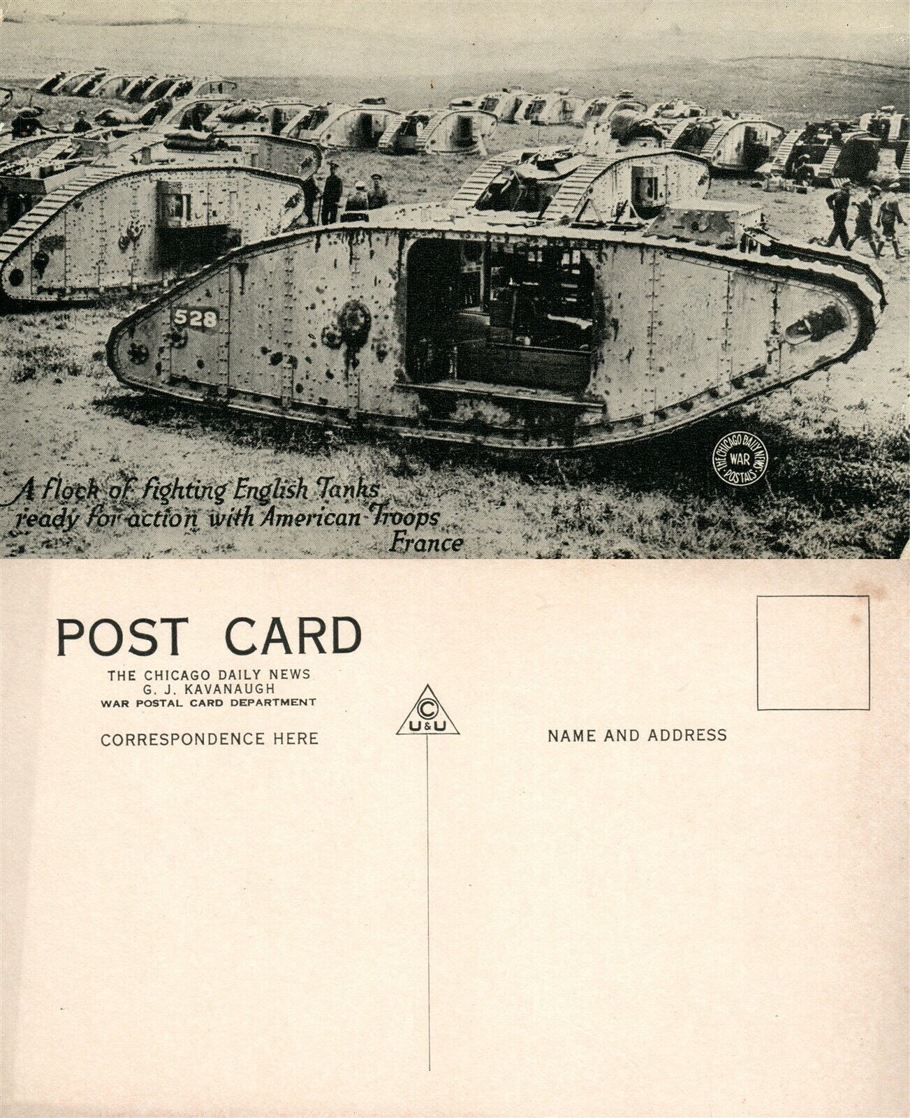 ENGLISH TANKS READY FOR ACTION w/ AMERICAN TROOPS WWI VINTAGE POSTCARD