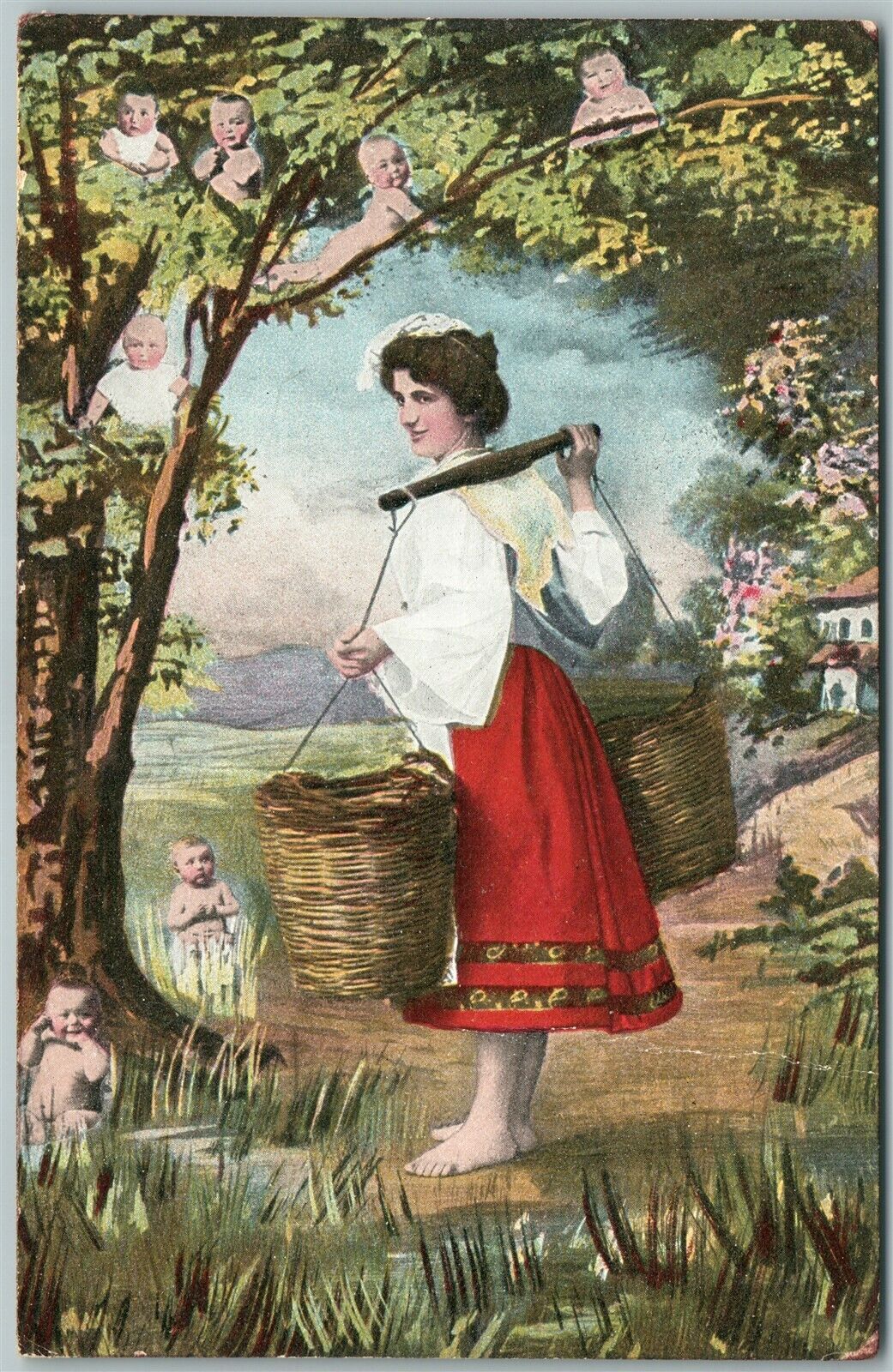MULTIPLE BABIES in the TREE SHADE ANTIQUE POSTCARD