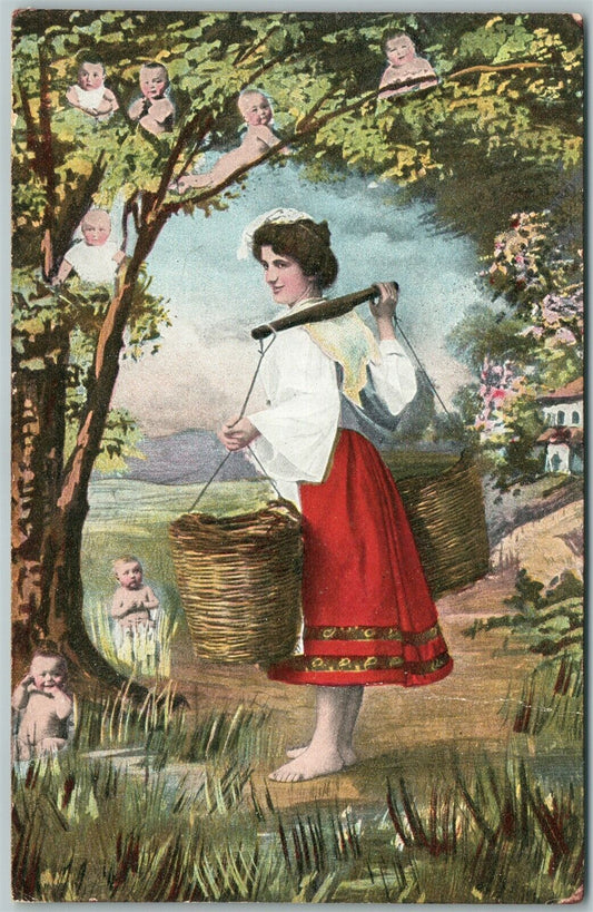 MULTIPLE BABIES in the TREE SHADE ANTIQUE POSTCARD