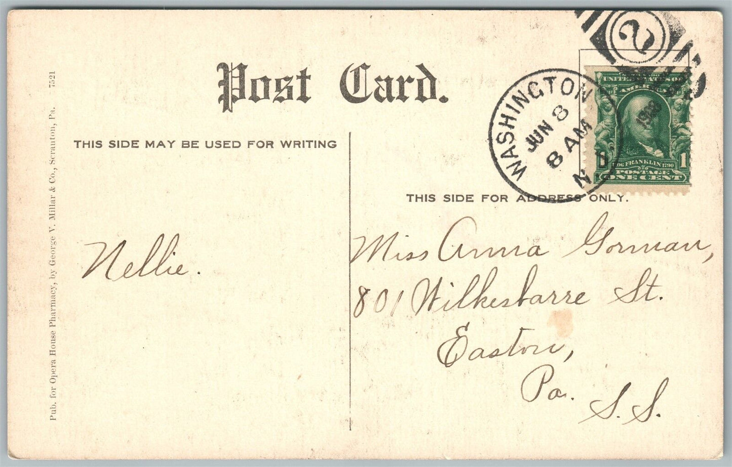 WASHINGTON NJ WASHINGTON AVENUE 1908 ANTIQUE POSTCARD w/ CORK CANCEL
