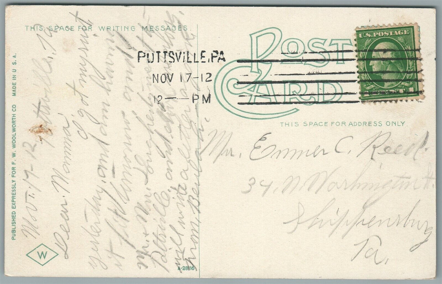 POTTSVILLE PA HOTEL ALLAN 1912 ANTIQUE POSTCARD