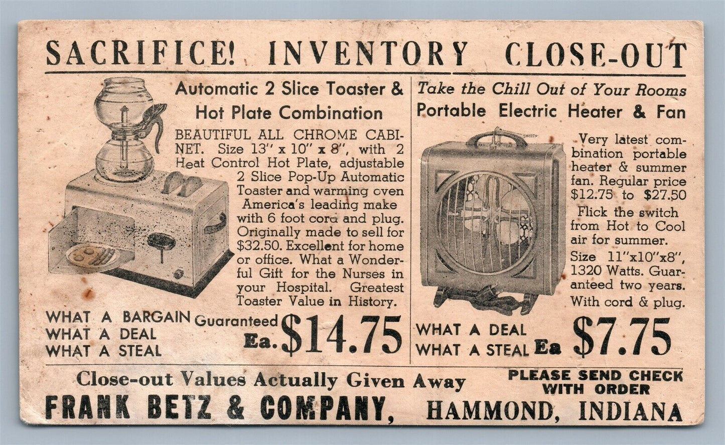 HAMMOND IN FRANK BETZ & COMPANY ADVERTISING VINTAGE POSTCARD