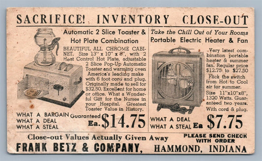 HAMMOND IN FRANK BETZ & COMPANY ADVERTISING VINTAGE POSTCARD