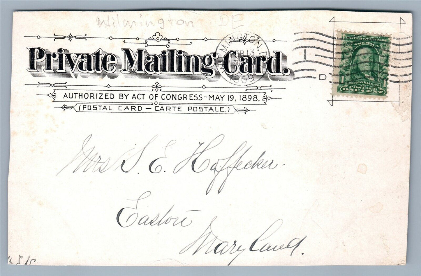 WILMINGTON DE OLD PRESBYTERIAN MEETING HOUSE ANTIQUE PRIVATE MAILING POSTCARD