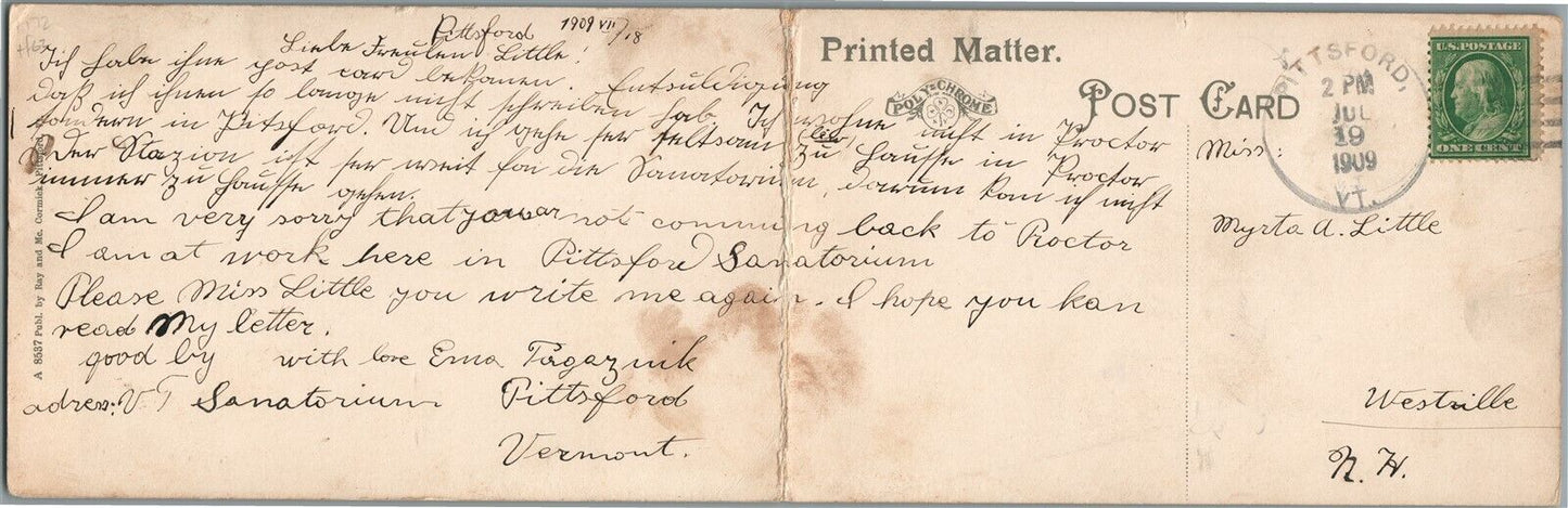 PITTSFORD VT VERMONT STATE SANATORIUM ANTIQUE FOLDING DOUBLE POSTCARD