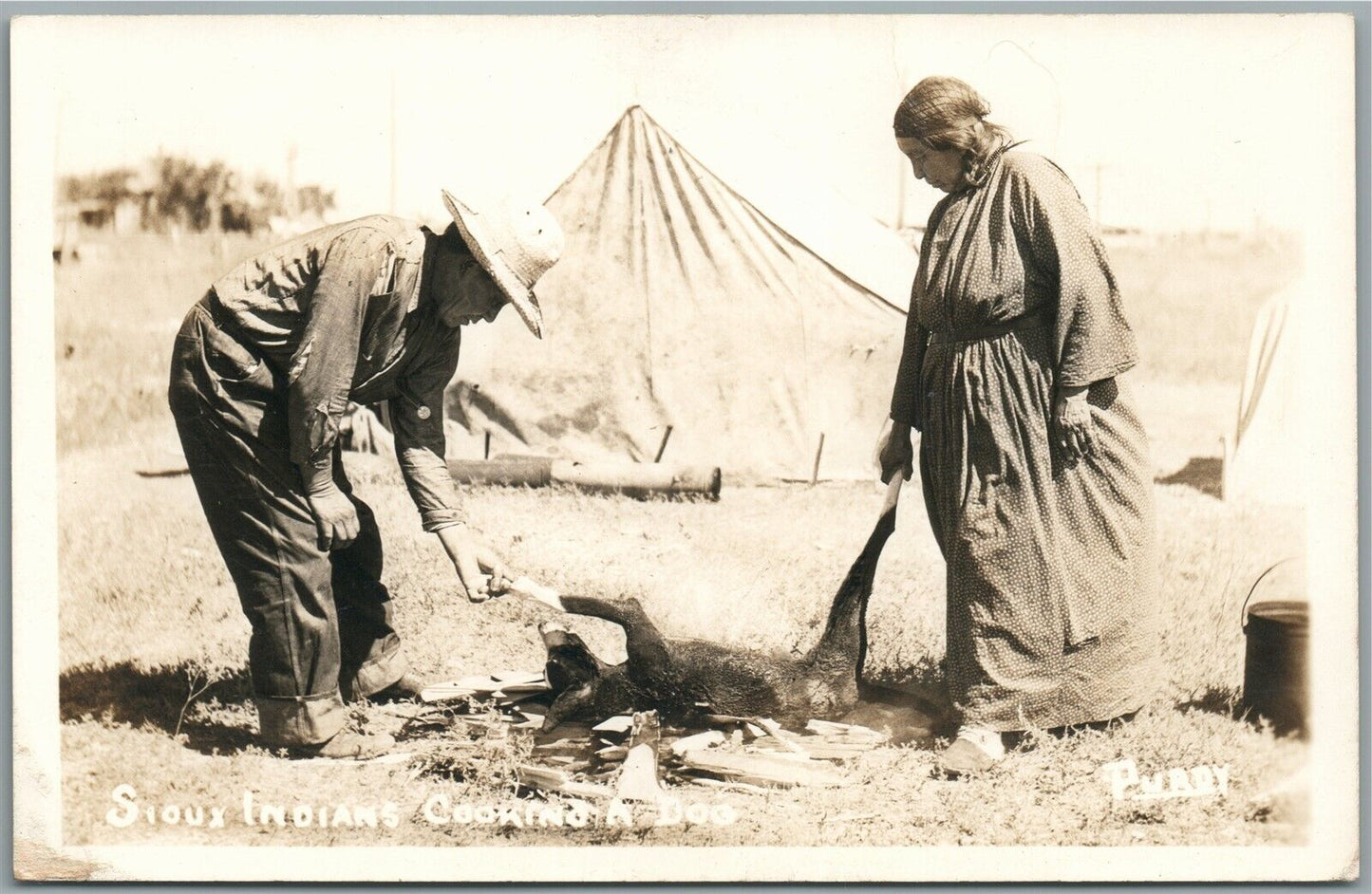 AMERICAN INDIANS SIOUX COOKING A DOG ANTIQUE REAL PHOTO POSTCARD RPPC