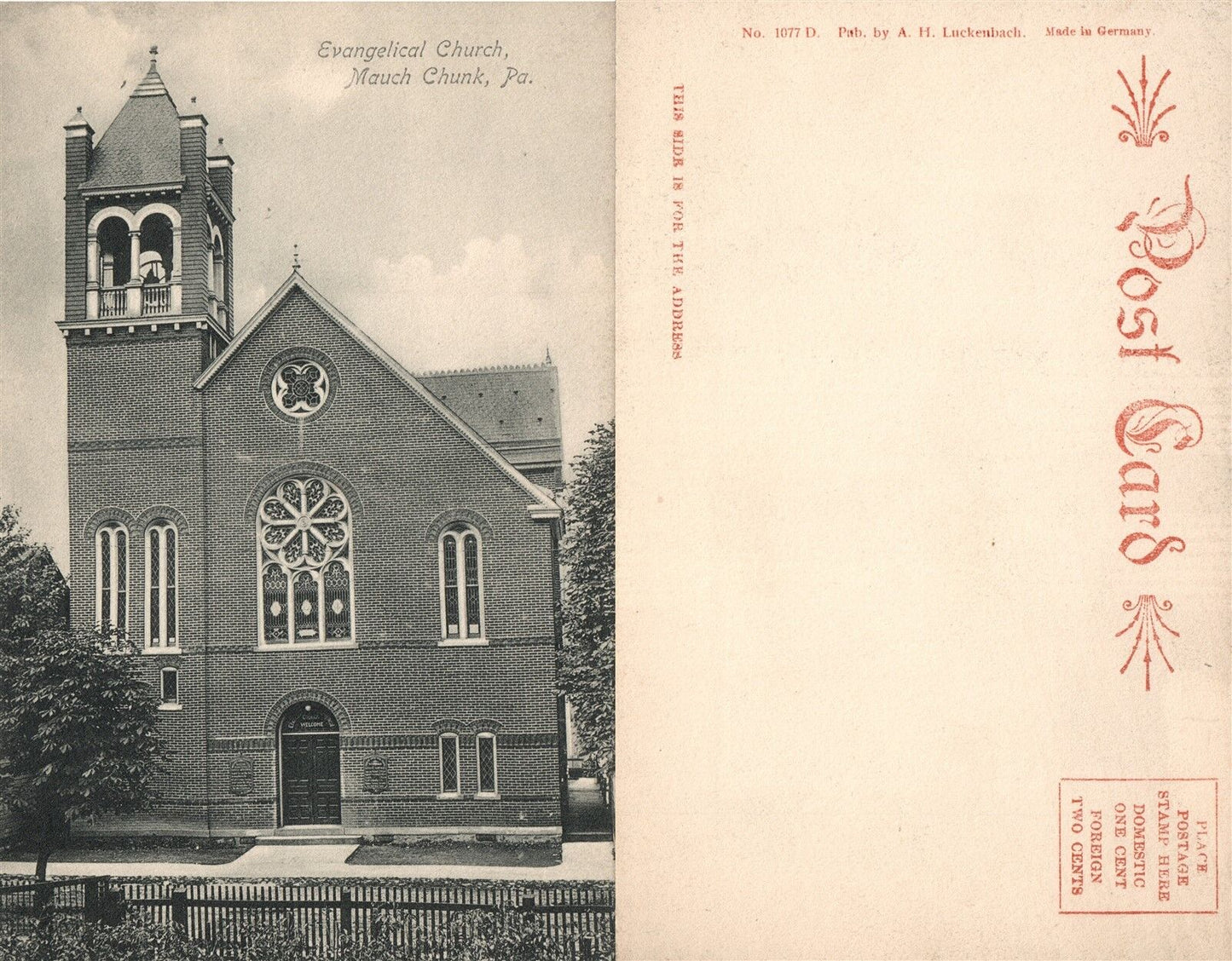 MAUCH CHUNK PA EVANGELICAL CHURCH UNDIVIDED ANTIQUE POSTCARD