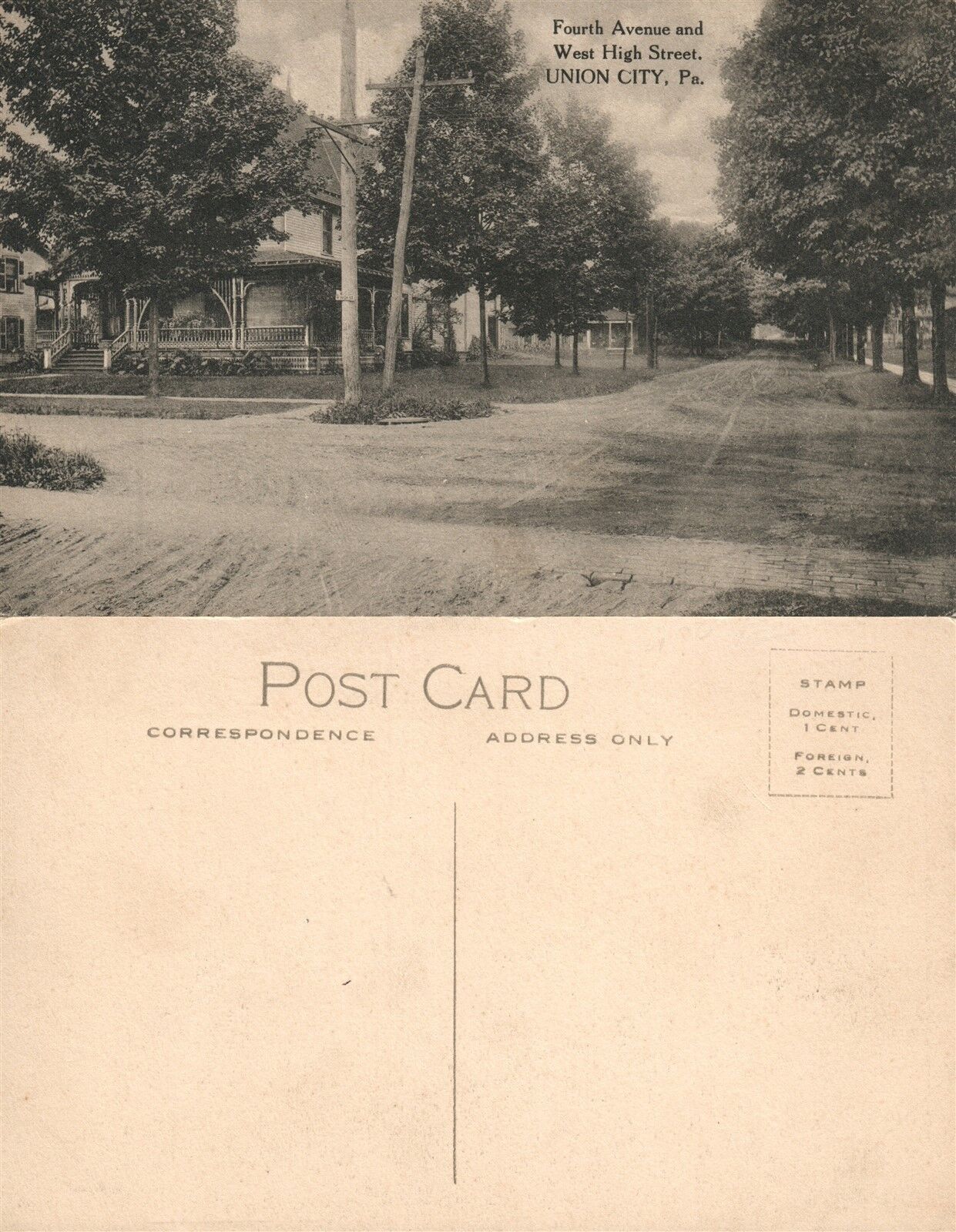 UNION CITY PA FOURTH AVENUE & WEST HIGH STREET ANTIQUE POSTCARD
