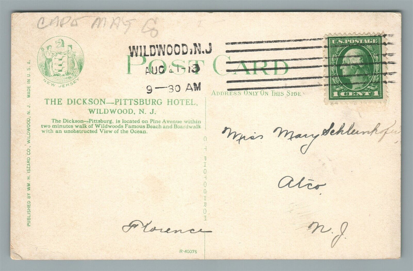 WILDWOOD NJ DICKSON-PITTSBURG HOTEL ANTIQUE POSTCARD