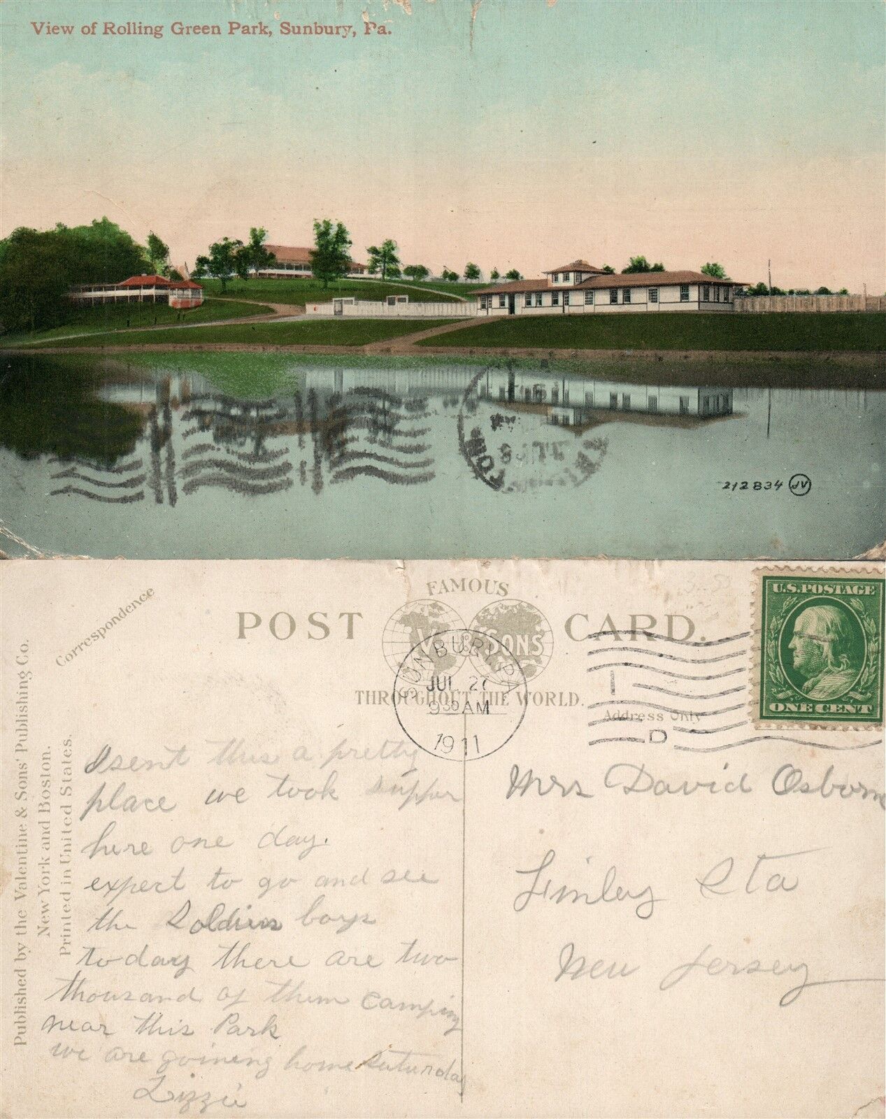 SUNBURY PA ROLLING GREEN PARK 1911 ANTIQUE POSTCARD