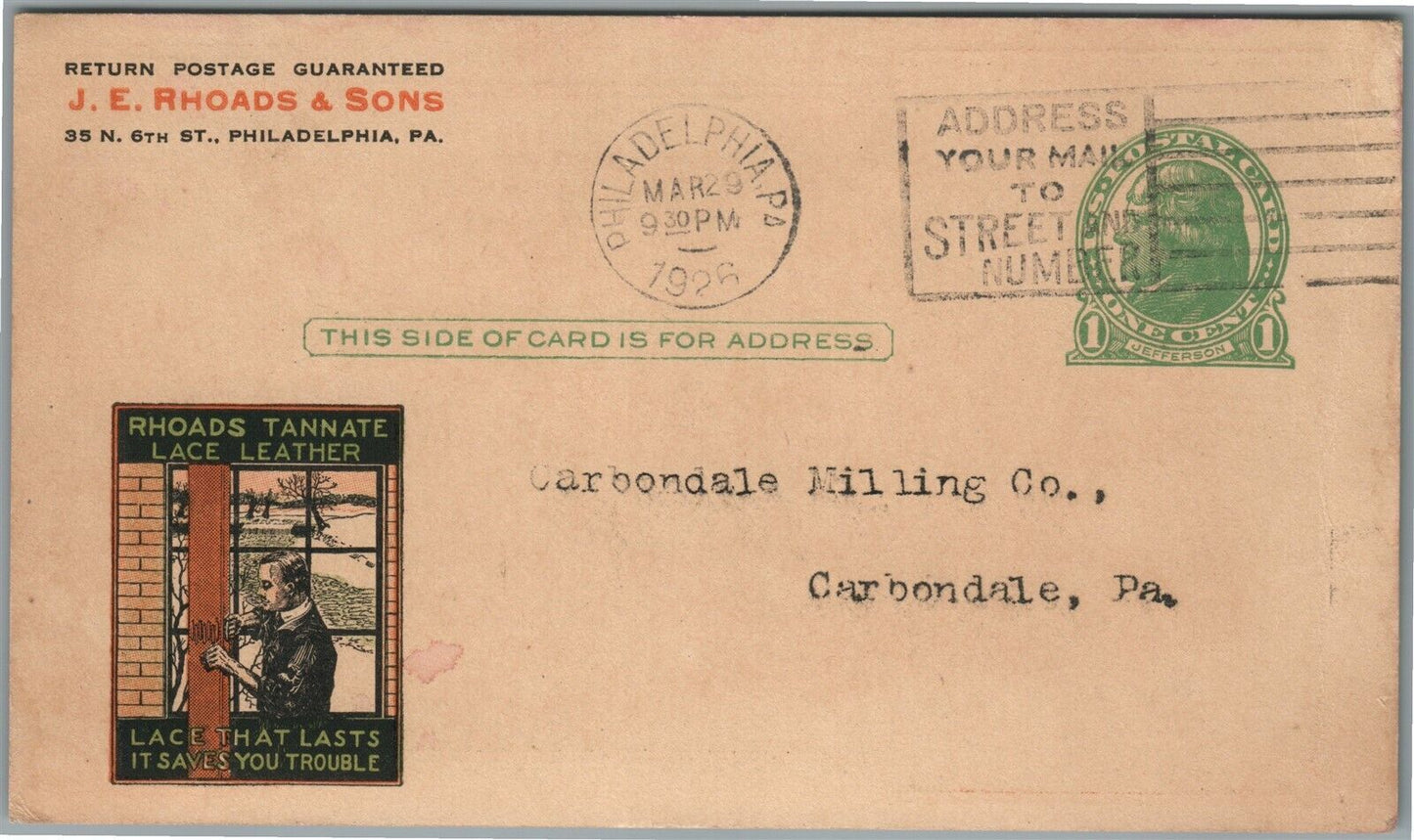 PHILADELPHIA PA RHOADS TANNATE LEATHER BELTING ADVERTISING ANTIQUE POSTCARD