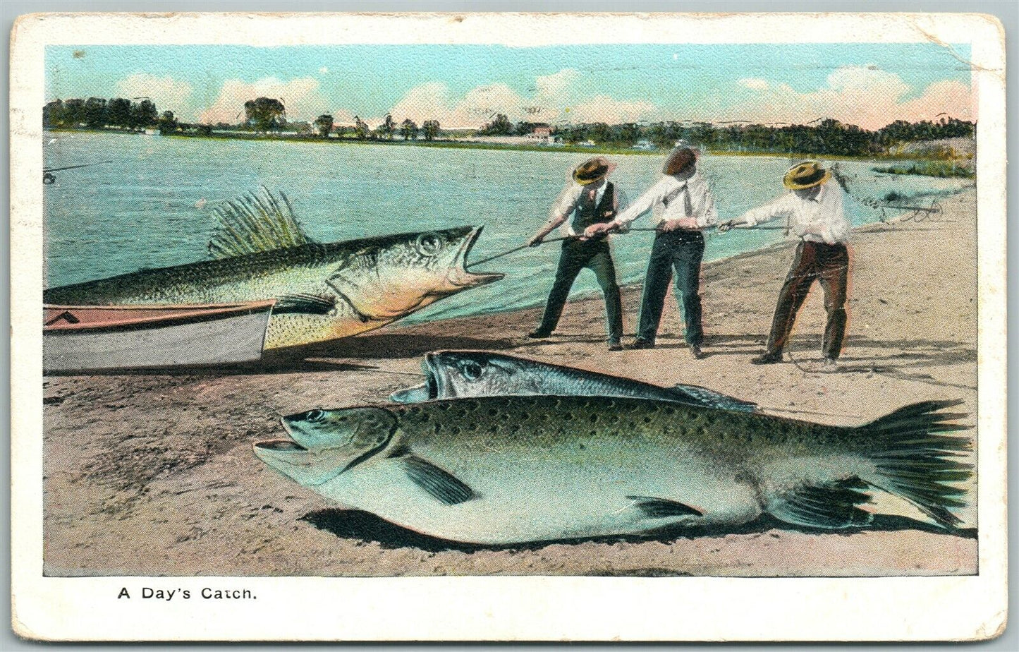 EXAGGERATED FISHING 1928 VINTAGE POSTCARD DAY'S CATCH