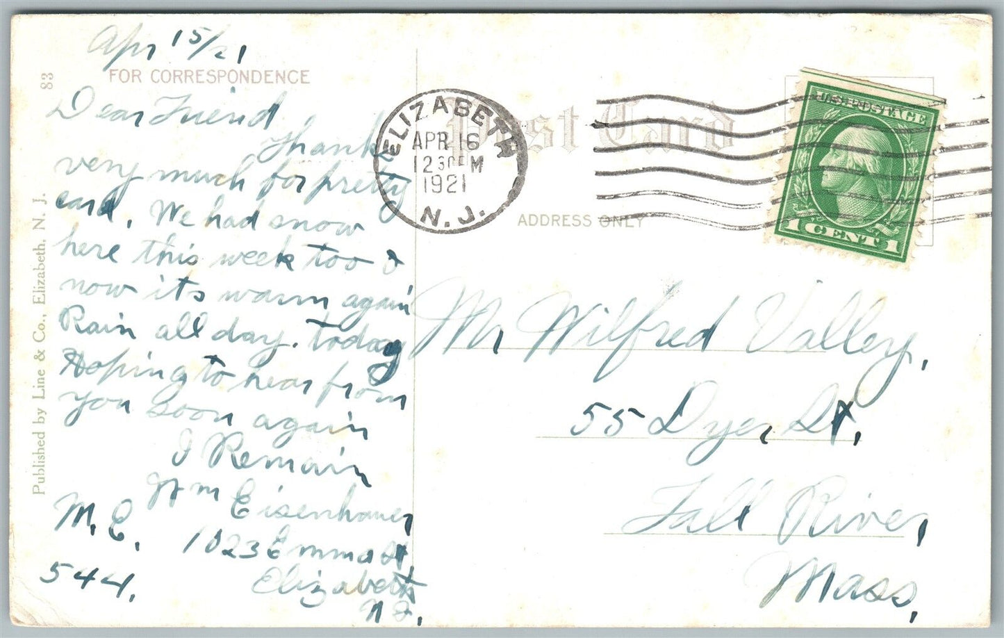 ELIZABETH NJ WESTMINSTER AVENUE 1921 ANTIQUE POSTCARD
