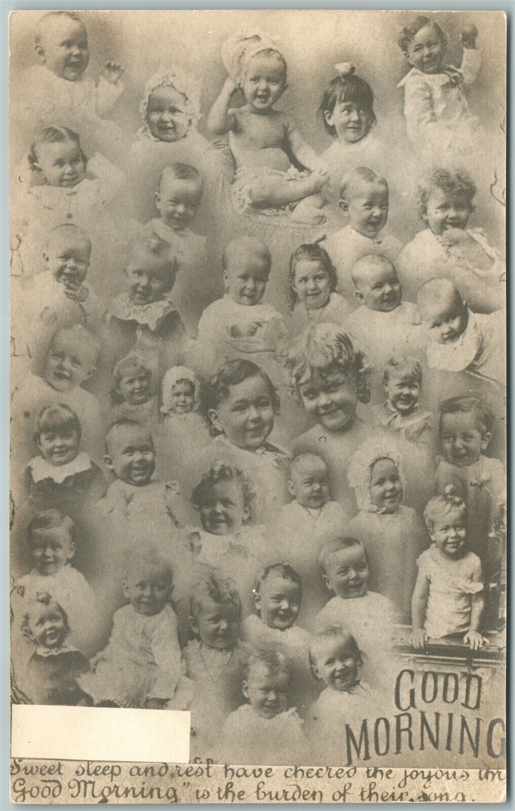MULTIPLE BABIES SMILING GOOD MORNING ANTIQUE POSTCARD