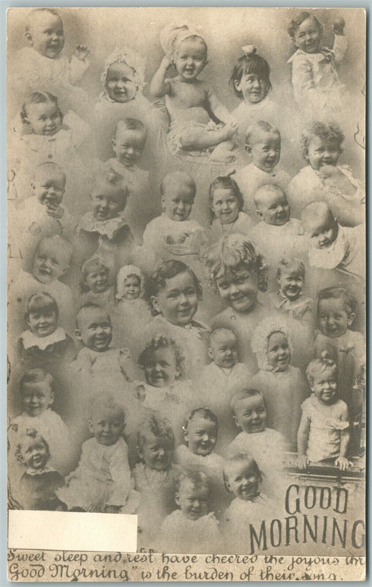 MULTIPLE BABIES SMILING GOOD MORNING ANTIQUE POSTCARD